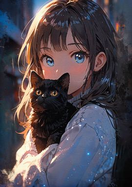 Anime girl and black cat