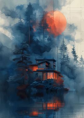 fog house and moonlight