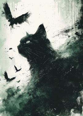 Ravens Watch Cat Painting