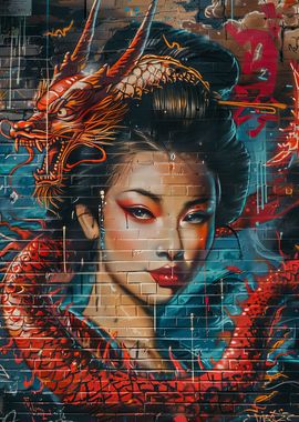 Geisha dragon wall