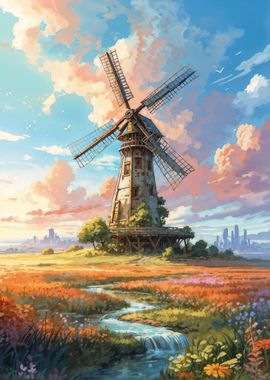 Windmill in a flower field