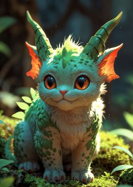 A cat dragon glowing green