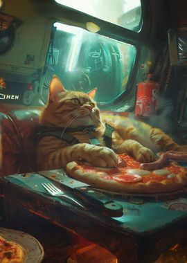 Ginger cat and big pizza