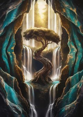 golden bonsai falls art