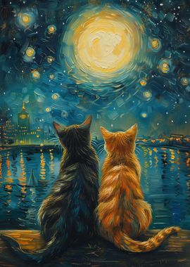 Starry Night Cats In Love 