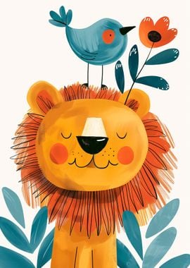 Joyful Lion with a bird