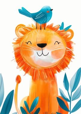 Joyful Lion with a bird