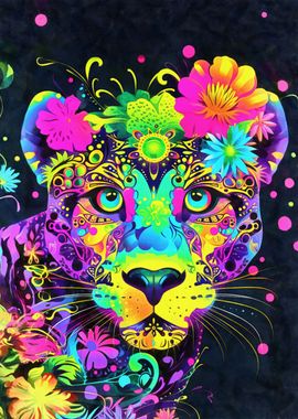 Neon leopard in flowers