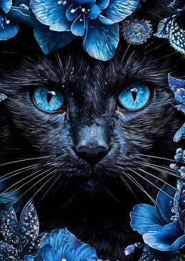 Black cat in blue flowers