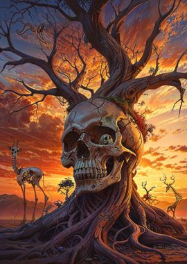 Surreal Sunset Skull Tree