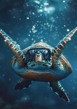 Turtle Diving Blue Ocean