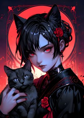 Cat Girl with Black Cat