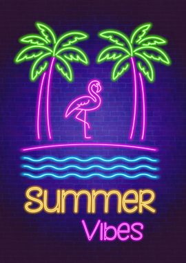 Neon palm trees flamingo