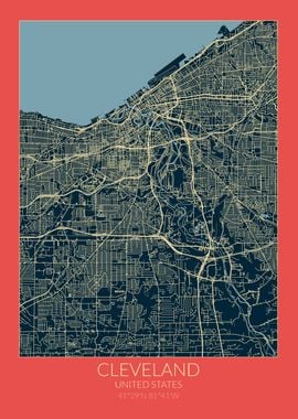 Cleveland Map Red Blue