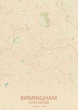 Birmingham UK Vintage Map