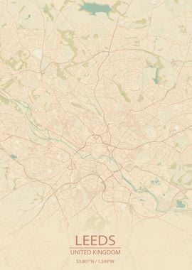 Leeds UK Vintage City Map