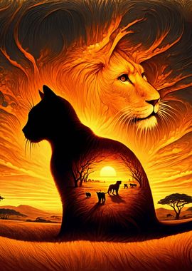 Cat Silhouette Lion Sunset