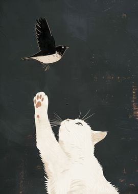 cat and white bird