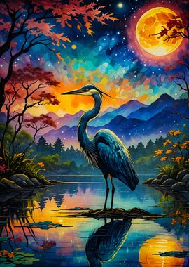 crane landscape moon night