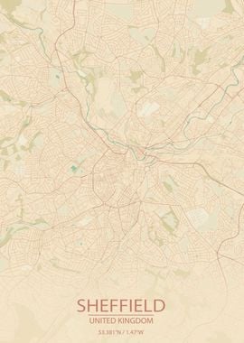 Sheffield UK Vintage Map