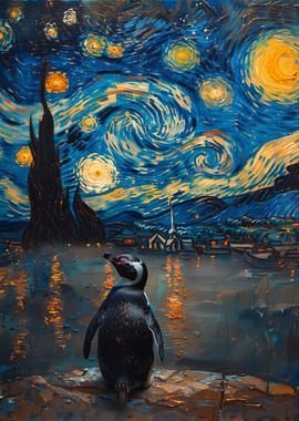 Penguin in Starry Night