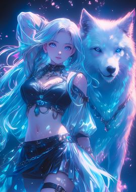 Sexy Neon Girl and Wolf