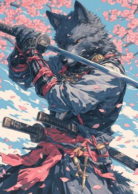 Samurai Wolf Under Sakura