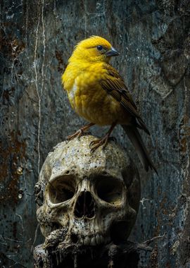 yellow bird on skull