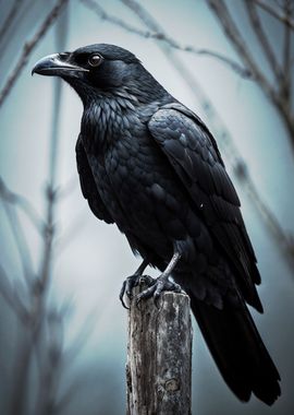 Watchful Crow on Wooden