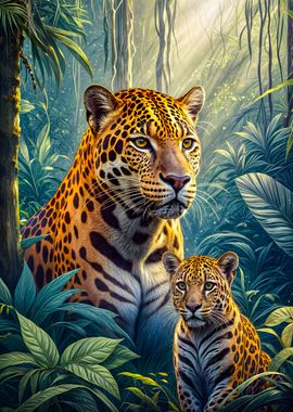 Jaguar with Cub in forest