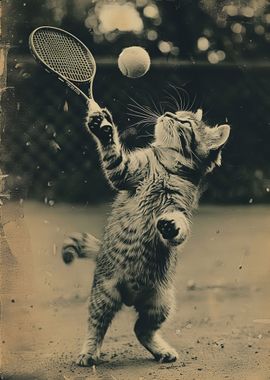 Vintage cat play tennis