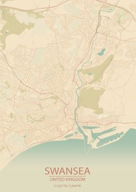 Swansea UK Vintage CityMap