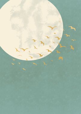 Birds Green Gold Moon