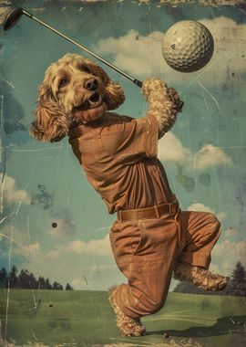 A dog playing golf