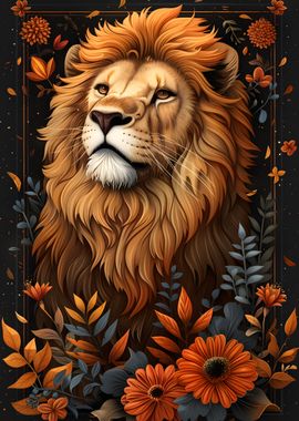 Lion Portrait Flowers