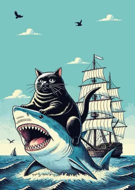 Black Cat Riding Shark Art