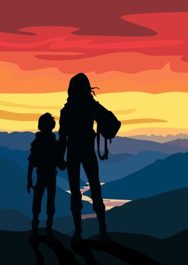 boy and a mother in sunset