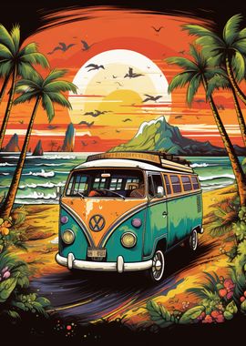 Retro VW Bus Beach Travel