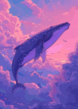 Whale Flying on Sky Retro