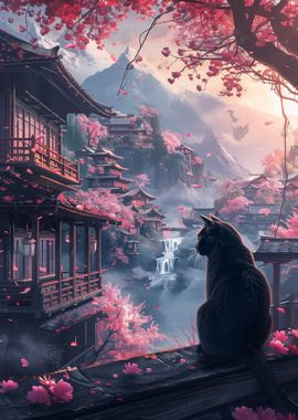 Cat Cherry Blossoms Japan