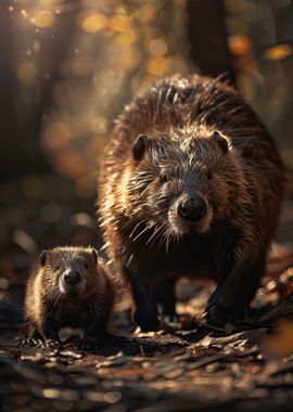 Mother And Baby Beaver