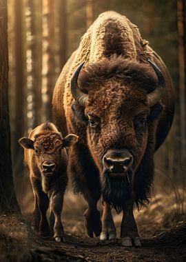 Mother And Baby Bison