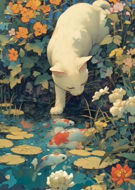 Cat by the Koi Fish Pond