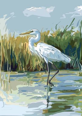 Egret Monet Style Painting