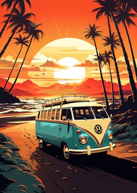 Retro VW Bus Beach Travel