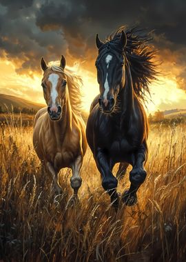 2 horses running in field