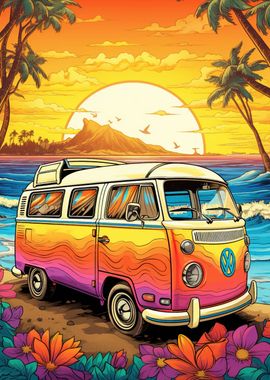 Retro VW Bus Beach Travel