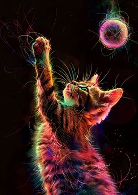 Neon Cat with Ball