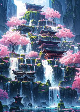 Neon waterfall temple