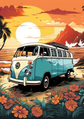 Retro VW Bus Beach Travel